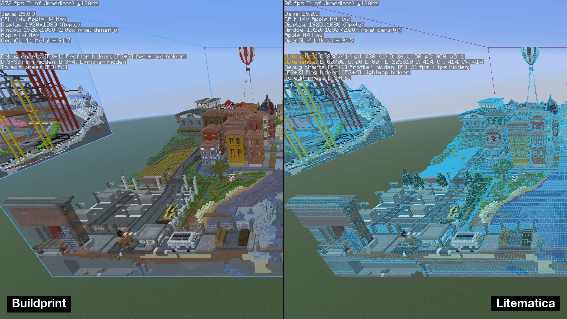 3 big builds in a row: BuildPrint on the left at 272 fps, Litematica on the right at 90 fps, F3 screen open in both