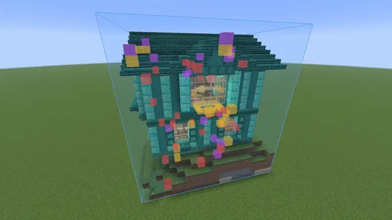 A build with wrong, turned and extra blocks marked in color