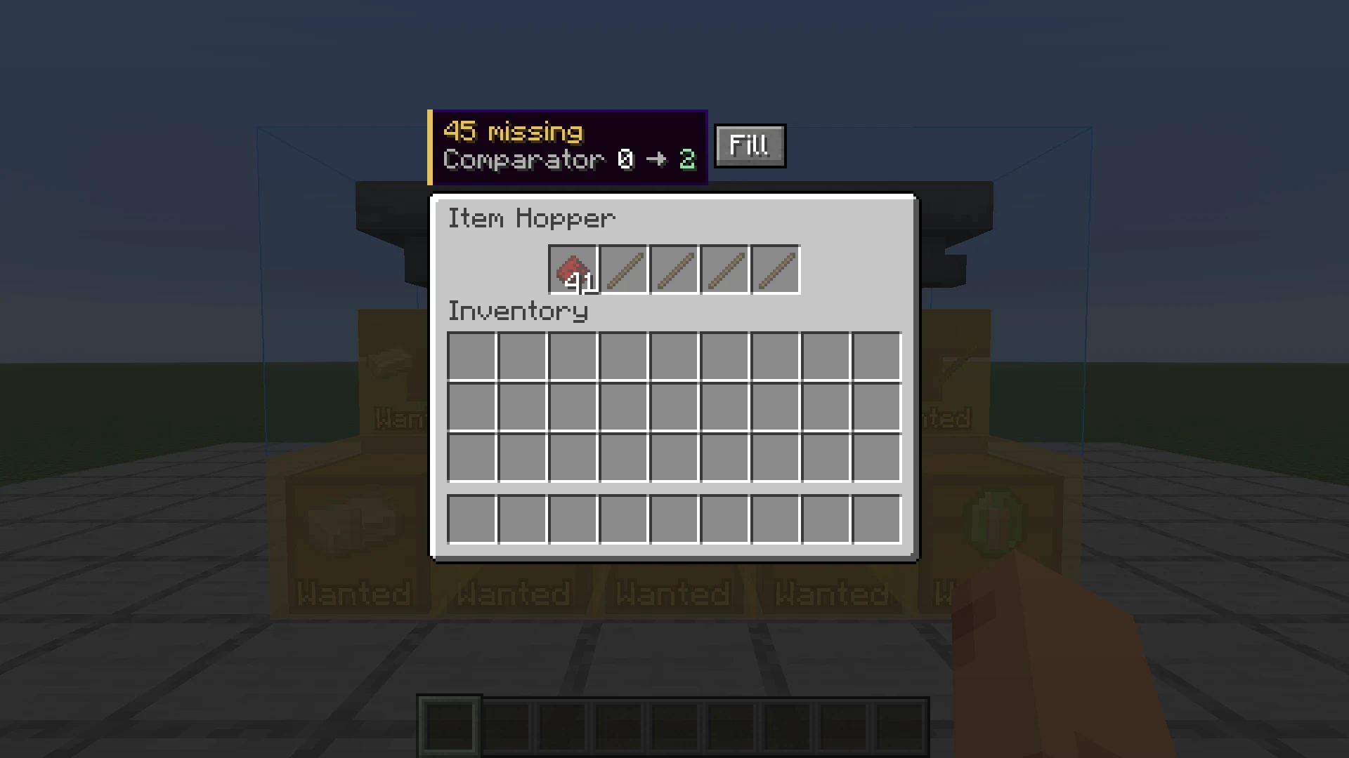 An open hopper with ghost items in its slots and a panel with the missing items and the comparator signal
