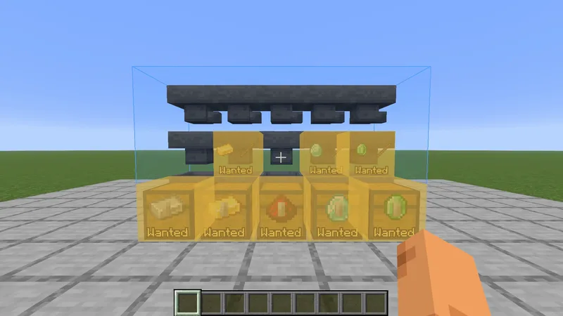 The hoppers and chests of an item sorter showing the items they need, then being filled