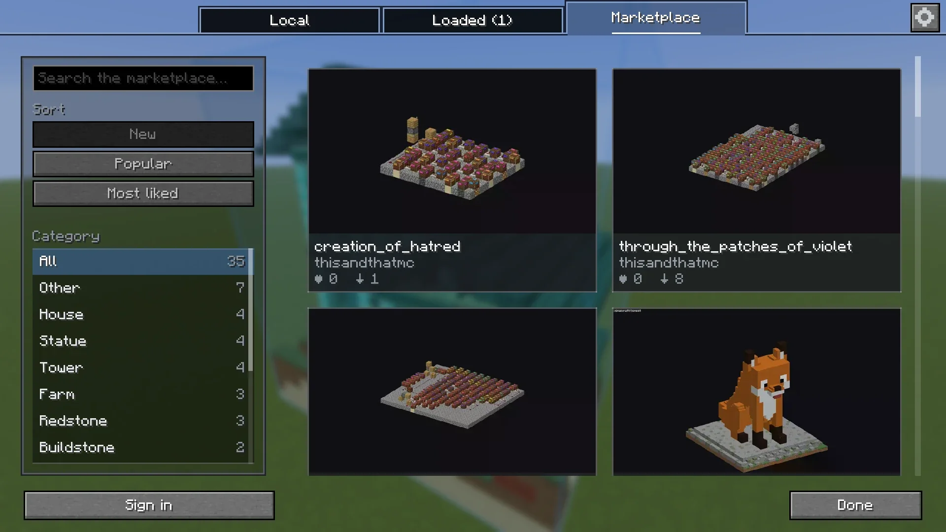The Marketplace tab with a grid of builds