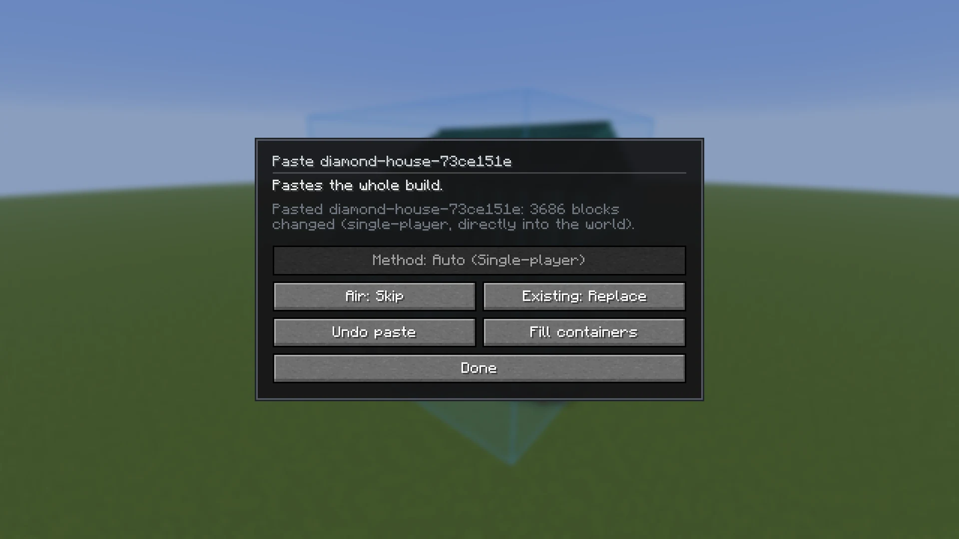 The paste panel with the method, the air and existing-block choices, undo and fill containers