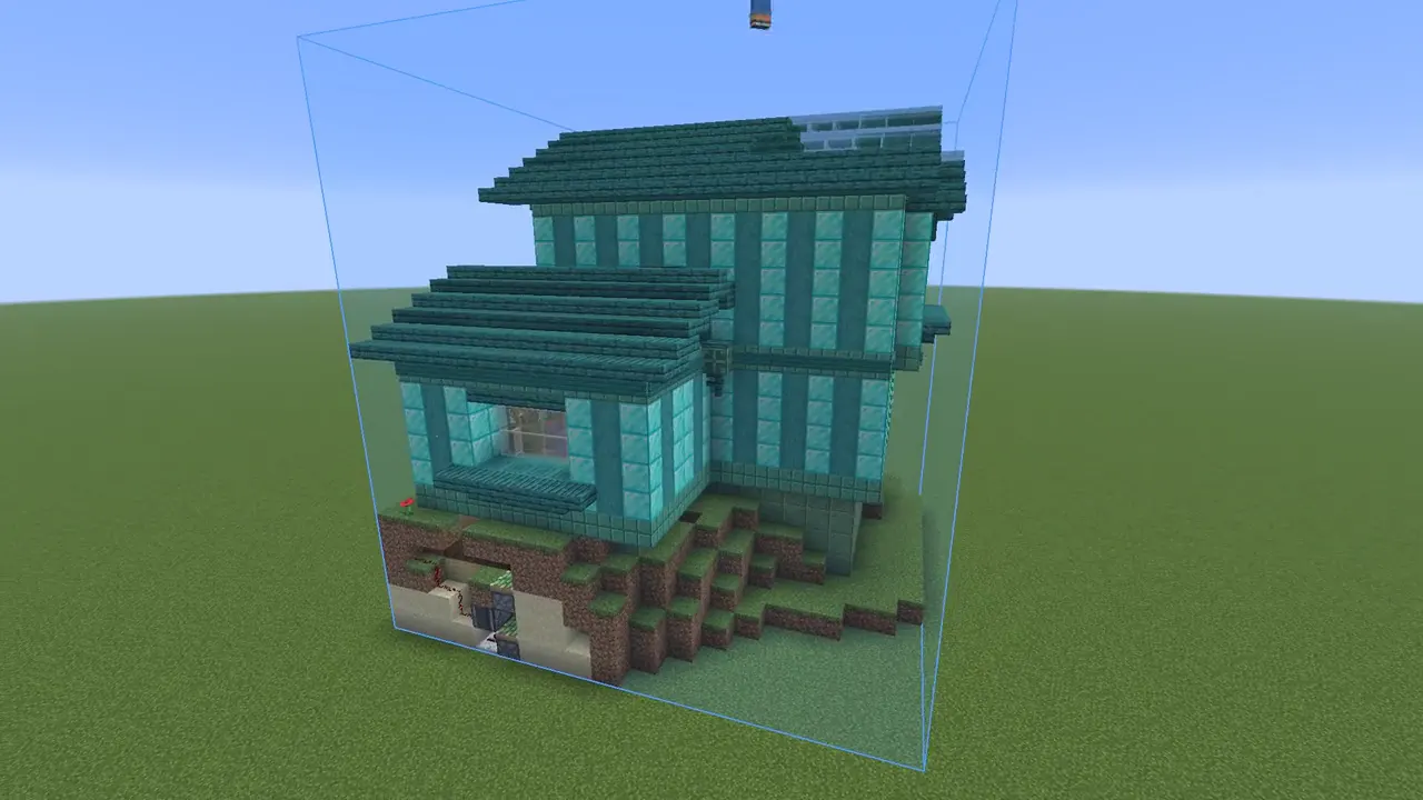 A player floating over a house while the printer builds it