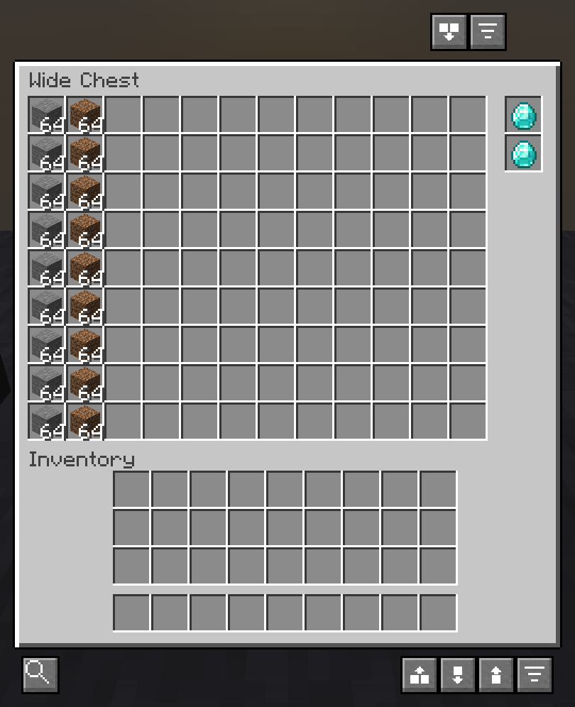 A 12-wide modded chest with two upgrade slots on the right, sorted into columns, with Sorted's buttons placed around it by the mod