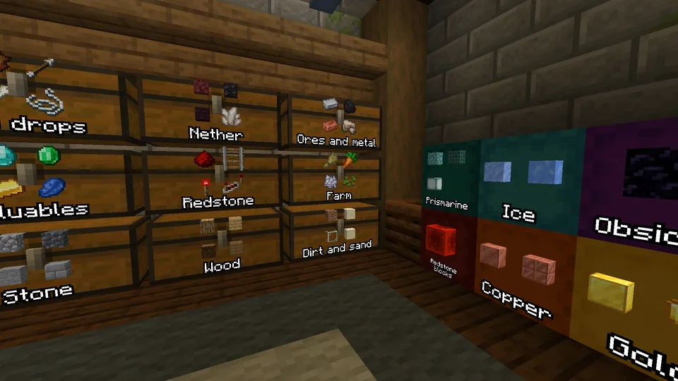 A storage room where every chest, barrel and shulker box shows its contents and name