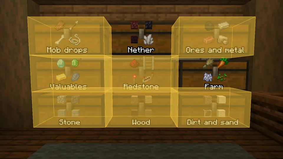 A full inventory emptied into the right chests with one click