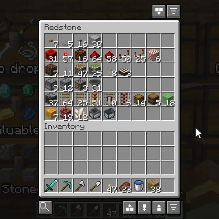 A redstone chest sorted, then laid out in rows
