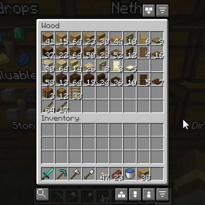 A wood chest sorted into one row per kind of wood