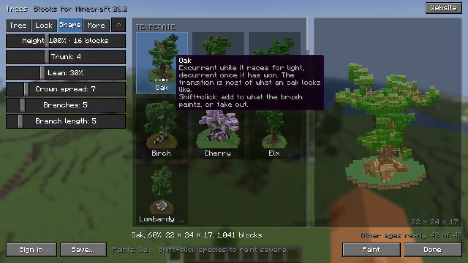 The Shape page of the tree picker